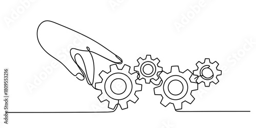 Continuous line art of a hand engaging multiple gears, symbolizing interconnected system, business strategy, problem solving, and efficient workflow process.