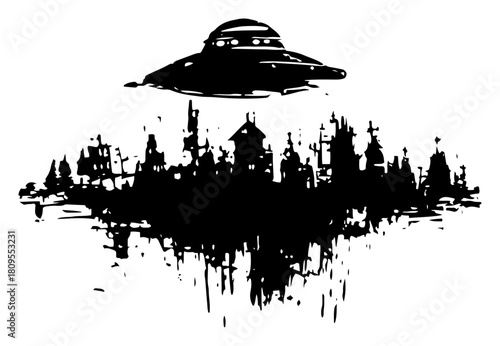 UFO Spaceship Hovering Over City Skyline Vector Illustration in Rough Grunge Dry Brush Ink Style