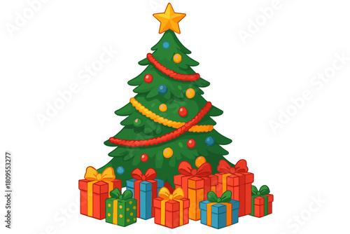 Festive Christmas Tree. Decorated Christmas tree adorned with vibrant ornaments and shimmering tinsel. It stands tall with a golden star on top, surrounded by an. Vector illustration