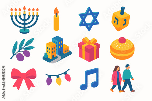 Hanukkah Icons Display. Hanukkah Israel Festive Streets flat icons set. menorah, candle flame, Star of David, dreidel, olive branch, city street, gift box, sufganiyah donut, ribbon