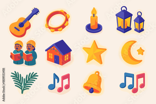 Festive Music Icons. Holiday Serenade flat icons set. guitar, tambourine, candlelight, lanterns, joyful singers, house with garland, star, moon, bell, palm branches, musical notes