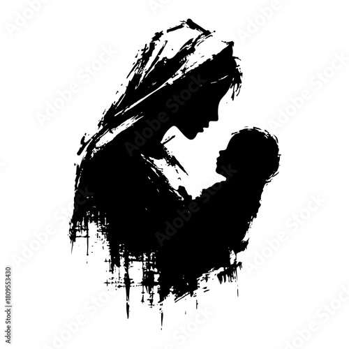 Distressed Grunge Mother Holding Baby Silhouette Illustration with Rough Texture