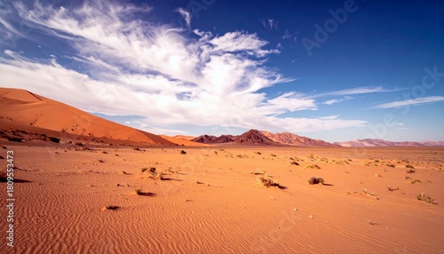 Fototapeta Naklejka Na Ścianę i Meble -  A wide, arid desert landscape featuring prominent orange sand dunes, sparse vegetation, and a clear blue sky with scattered clouds.