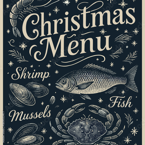 Vintage Seafood Christmas Menu. Vintage Christmas menu featuring ornate typography with a festive seafood theme. The menu has detailed illustrations of shrimp, fish,. Vector illustration