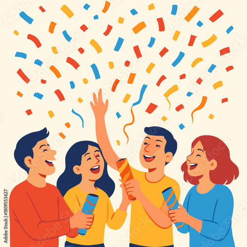 Confetti Celebration Joy. Vibrant scene depicts a group of friends launching confetti poppers into the air, with colorful paper pieces cascading down. The figures. Vector illustration