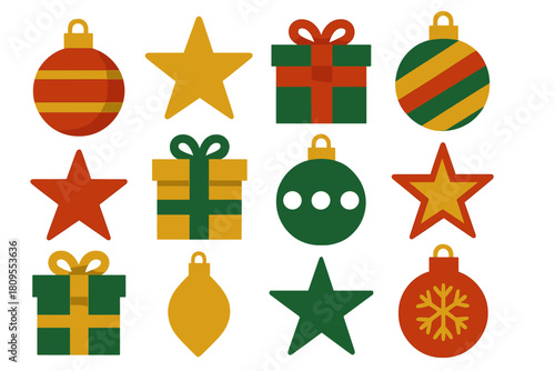 Festive Christmas Icons. Vibrant array of Christmas decorations, featuring baubles, stars, and wrapped presents. These icons are arranged to reflect a festive. Vector illustration