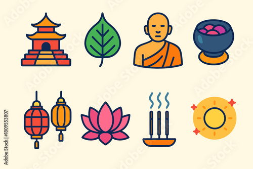 Sacred Journey Icons. Sacred Journey flat icons set. temple steps, Bodhi leaf, monk, offering bowl, lanterns, lotus, incense, glowing sky