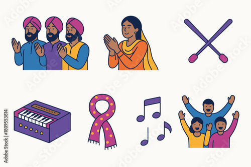 Lohri Celebration Icons. Lohri Celebration Choir flat icons set. men singing, women clapping, bonfire flames, drumsticks, harmonium, scarf, music notes, joyful crowd