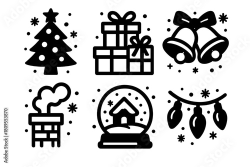 Bold Holiday Icons. Holiday Snowfall silhouette icon set. decorated tree, wrapped gifts, sleigh bells, chimney smoke, snow globe, festive lights.