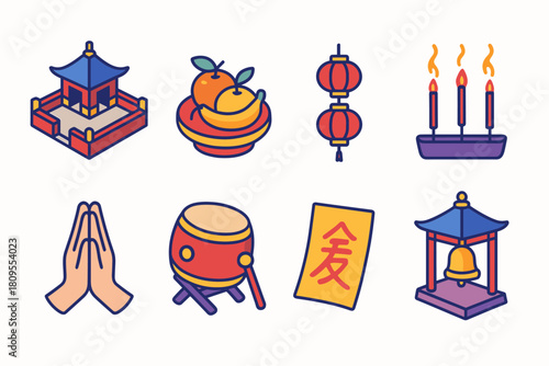 Lunar New Year Icons. Lunar New Year Sacred Moments flat icons set. temple courtyard, offering fruit, lantern chain, glowing incense, prayer gesture, sacred drum, blessing paper
