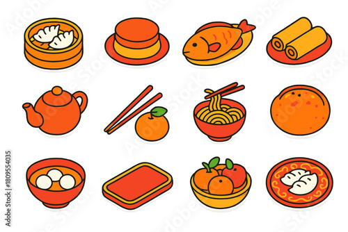 Chinese New Year Feasts. Chinese Lunar New Year – Festive Foods flat icons set. dumplings, rice cake, whole fish, spring rolls, tea pot, chopsticks, tangerine, noodles, sweet rice