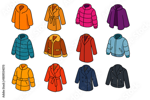 Stylish Winter Outwear Icons. Winter Warm Outerwear Glam flat icons set. faux fur coat, belted wool trench, puffer jacket, velvet cape, quilted parka, shearling jacket, long