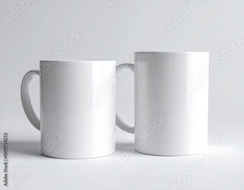 Two pristine, white ceramic coffee cups stand side-by-side against a stark white backdrop, emphasizing their simple, clean forms