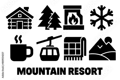 Brutalist Mountain Icons. Mountain Resort silhouette icon set. log cabin, pine trees, fireplace, snowflake, hot cocoa mug, ski lift, cozy blanket, mountain view.