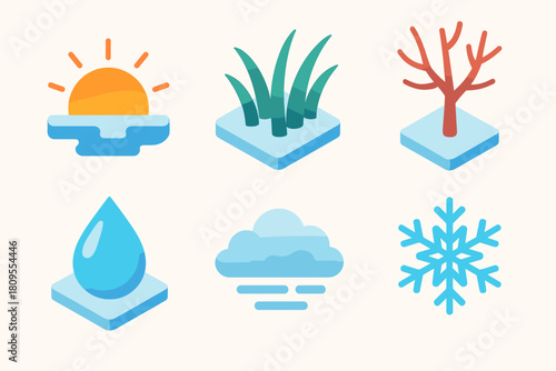 Frosted Morning Icons. Frosted Morning flat icons set. sunrise glow, frosted grass, bare tree, frozen droplet, soft mist, crystal flake