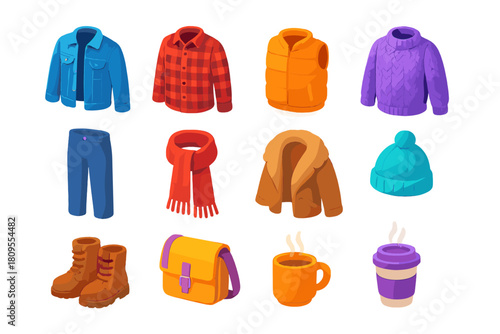 Winter Fashion Icons. Layered Winter Looks flat icons set. denim jacket, flannel shirt, quilted vest, chunky knit, wool pants, scarf wrap, fur collar, beanie, leather boots