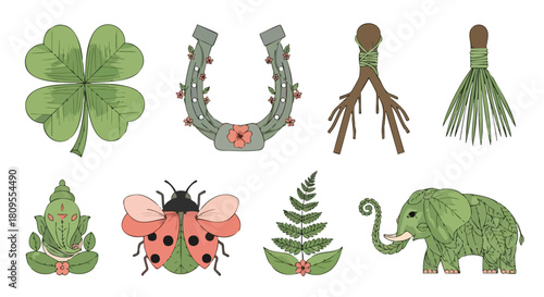 Botanical Charm Collection: A Hand-Drawn Assortment of Symbols and Illustrations, Featuring Auspicious Motifs and Foliage Elements Representing Luck