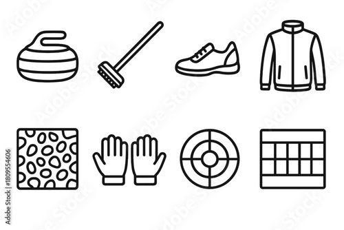 Curling Equipment Icons. Winter Curling Gear linear icon set. stone handle, sweeping brush, slider shoe, team jacket, ice pebble pattern, gloves, target rings, scorecard