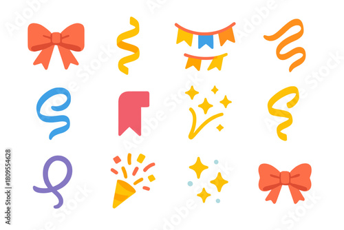 Vibrant Festive Ribbons. Festive Ribbon Icons flat icons set. satin bow, curling streamer, paper garland, twist, swirl ribbon, folded edge, sparkle trail, dangling ribbon, looped