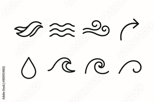 Fluid Motion Icons. Fluid Motion linear icon set. flowing ribbon, ripple, wind swirl, curve arrow, droplet, wave crest, spiral line, path arc