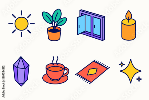Vibrant Isometric Icons. Energizing Surroundings flat icons set. sunbeam, house plant, open window, candle, crystal, cup of tea, rug, glow