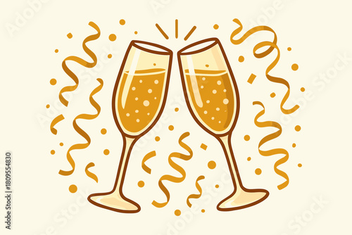 Festive Champagne Celebration. Collection of festive champagne glasses clinking together, filled with bubbly golden liquid, represents joyous New Year celebrations.. Vector illustration
