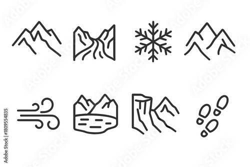 Glacial Iconography. Glacial Valleys linear icon set. icy ridge, glacier flow, snowflake, mountain pass, cold wind, frozen lake, cliff, footprints