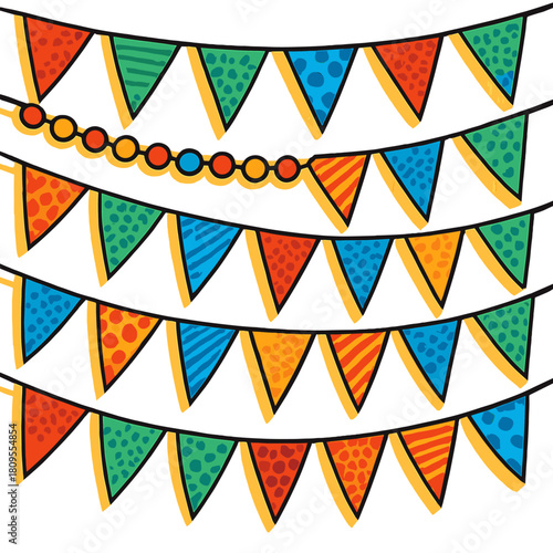 Colorful Bunting Celebration. String of colorful bunting and garlands stretches across the scene, each flag adorned with unique patterns and vibrant hues. The. Vector illustration