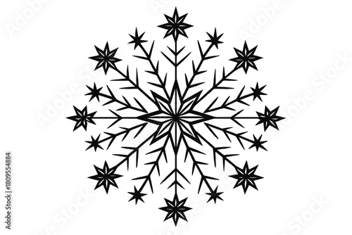 Starry Snowflake Design. Starry snowflake pattern, with intricate star shapes branching out symmetrically, forming a unique holiday motif. The geometric precision. Vector illustration