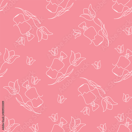 Outline perfume bottle with flower seamless pattern. Hand drawn Fashion wallpaper, beauty background, fabric, textile, print, wrapping paper or package design. Editable Color.