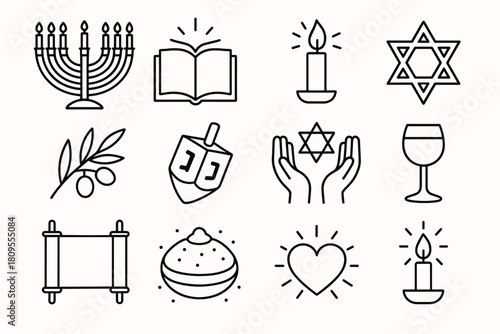 Hanukkah Symbols Montage. Hanukkah Prayer & Blessing linear icon set. menorah, open book, candlelight, Star of David, olive branch, dreidel, blessing hands, wine glass, scroll