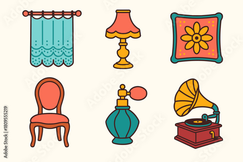 Vintage Parlor Icons. Vintage Parlor flat icons set. lace curtain, brass lamp, embroidered pillow, antique chair, perfume bottle, gramophone
