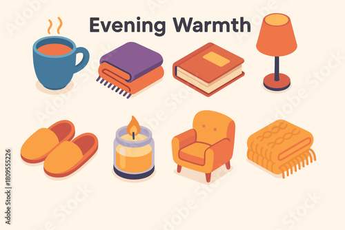 Cozy Evening Icons. Evening Warmth flat icons set. cup of tea, blanket, book, soft light, slippers, candle jar, cozy chair, knit throw
