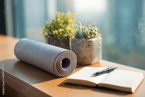 Soft focus photo of a yoga mat and a plant next to an open notebook with a pen, representing mindfulness and healthy lifestyle planning, bright natural light, wellness aesthetic