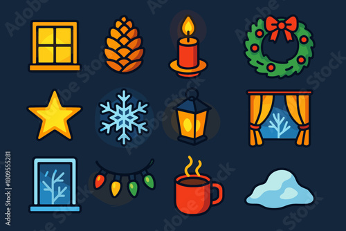 Festive Window Icons. Christmas Window Lights flat icons set. glowing window, pinecone, candlelight, wreath, star, snowflake, lantern, curtain, frosty glass, garland lights, cozy
