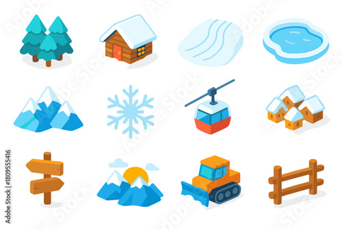 Isometric Winter Icons. Snowy Mountain Landscape flat icons set. pine trees, snowy cabin, ski tracks, frozen lake, mountain ridge, snowflake, cable car, alpine village, signpost
