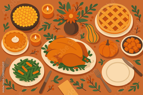 Festive Holiday Feast. Stylized depiction of a holiday dinner table set with a feast of traditional foods, including a roasted turkey, pies, and seasonal vegetables.. Vector illustration