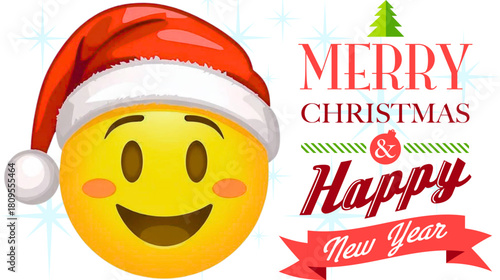 A festive and cheerful holiday graphic features a smiling emoji wearing a Santa hat and season's
