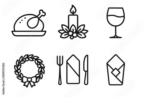 Holiday Feast Icons. Holiday Table linear icon set. roast turkey, candle centerpiece, wine glass, wreath, silverware, napkin