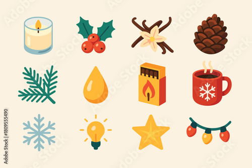 Holiday Essence Icons. Holiday Aromas flat icons set. glass candle, holly berries, vanilla pod, pinecone, evergreen branch, wax drop, matchbox, cozy mug, snowflake, gentle light