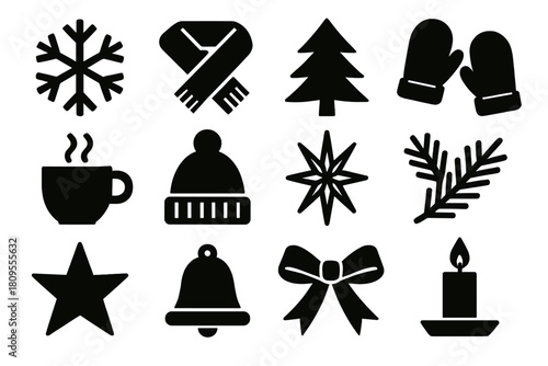 Bold Winter Icons. Seasonal Snowflake Celebration silhouette icon set. snowflake, scarf, tree, mittens, cup of cocoa, hat, ice crystal, pine branch, star, bell, ribbon, candle
