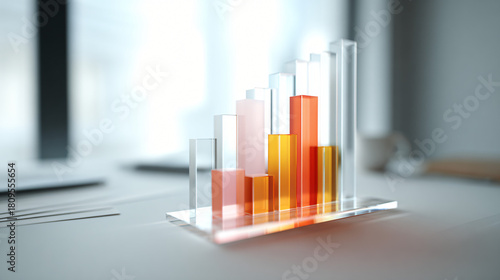 Conceptual 3D illustration of an abstract transparent glass bar chart symbolizing annual business review and growth, floating above a clean white desktop, soft light, corporate report design 
