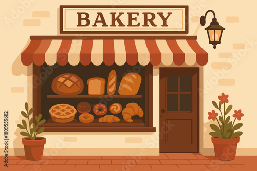 Charming Bakery Front. Quaint bakery with a cream-colored facade and red-striped awning presents an array of pastries and breads in the window. A vintage lamp and. Vector illustration