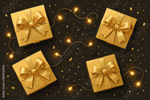 Golden Gift Elegance. Golden gift boxes adorned with shimmering ribbons are scattered across a sleek black surface, creating a luxurious festive scene. Tiny fairy. Vector illustration