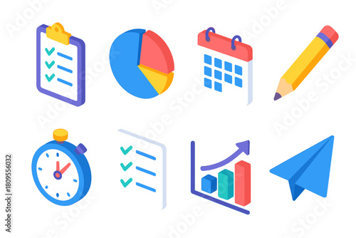 Isometric Planning Icons. Focused Plans flat icons set. clipboard, pie chart, calendar page, pencil, stopwatch, checklist, graph, paper plane