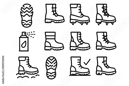 Winter Boot Traction. Footwear Traction linear icon set. boot grips, cleated soles, anti-slip spikes, traction spray, reflective bands, sturdy laces, winter boots, rubber treads