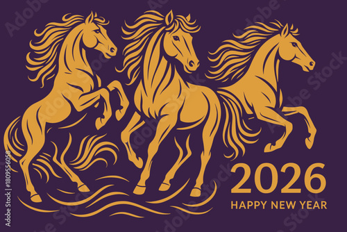 Dynamic Horses 2026. Group of three horses positioned dynamically, each in a different pose to convey movement and energy. The swirling lines of their manes. Vector illustration