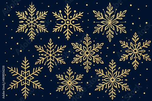 Elegant Snowflake Design. Collection of elegant snowflakes, each with unique detailing, float amidst a backdrop of deep indigo. Gold accents intersperse the scene,. Vector illustration