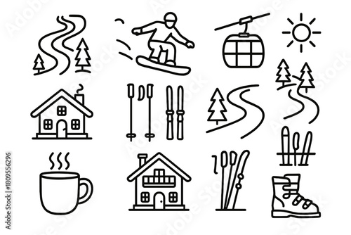 Winter Ski Icons. Winter Ski Resort Set linear icon set. ski run, snowboarder, cable car, cozy chalet, ski poles, snow trail, pine trees, hot drink, mountain lodge, ski rack, boots