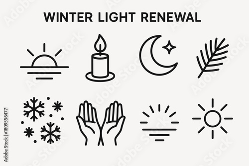 Winter Light Icons. Winter Light Renewal linear icon set. dawn horizon, candle flame, pine sprig, moon, star, snow, open hands, gentle light